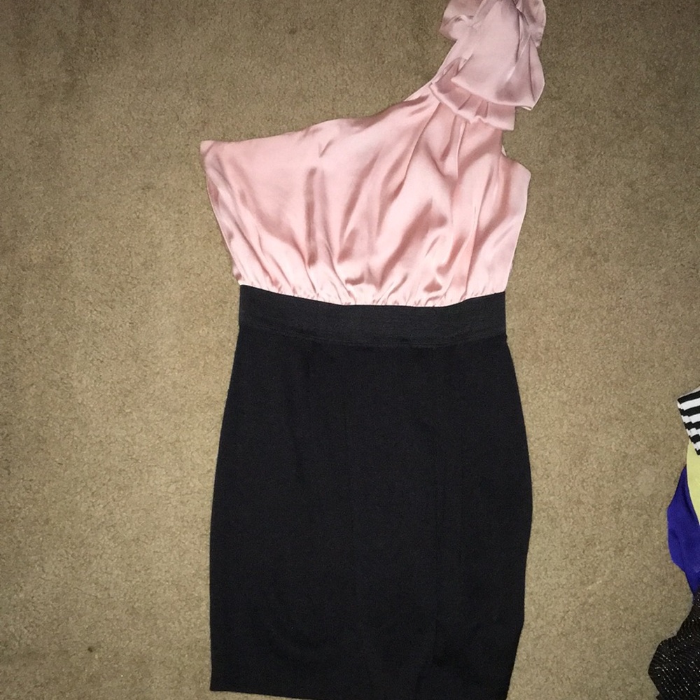 Silk pink one shoulder top with black bottom